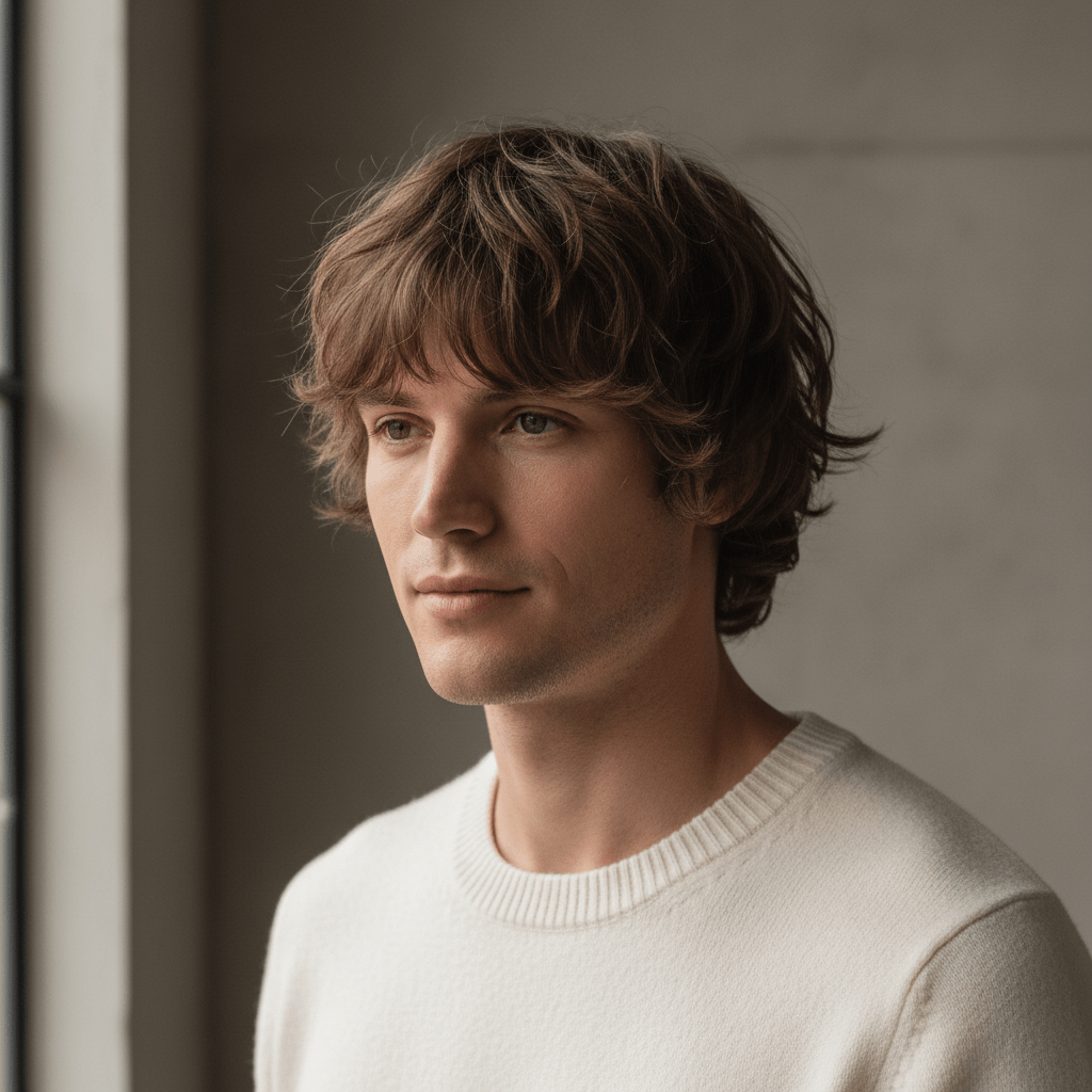 Male model with a modern lived-in shag haircut, featuring choppy layers and natural waves.