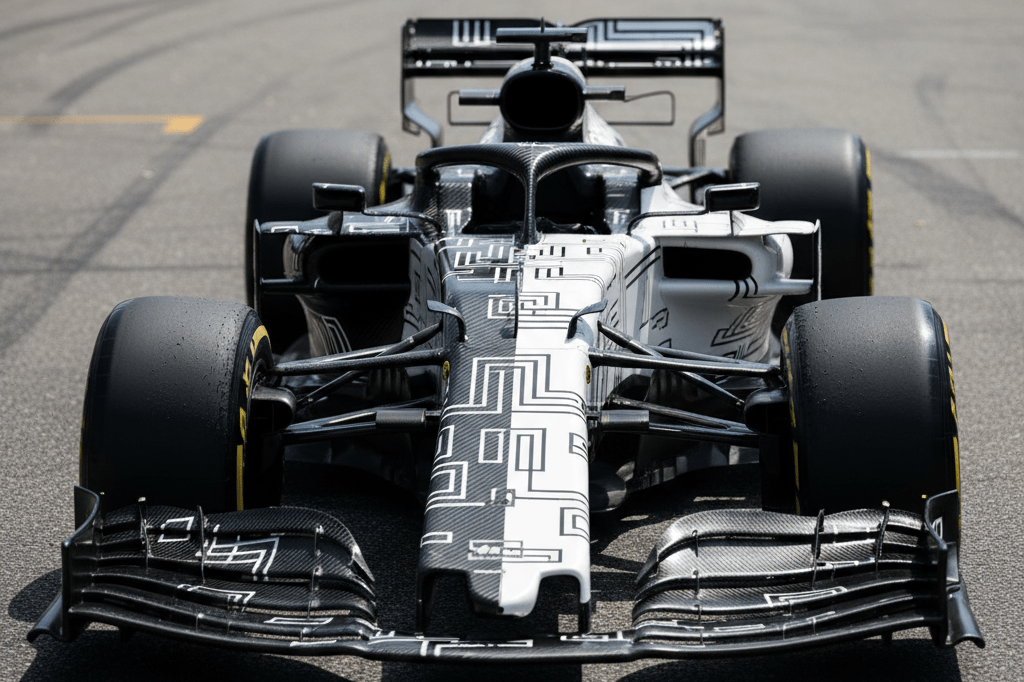 Medium shot of a Formula 1 race car showing contrasting black-and-white split livery on sunlit paddock surface, no logos or people visible