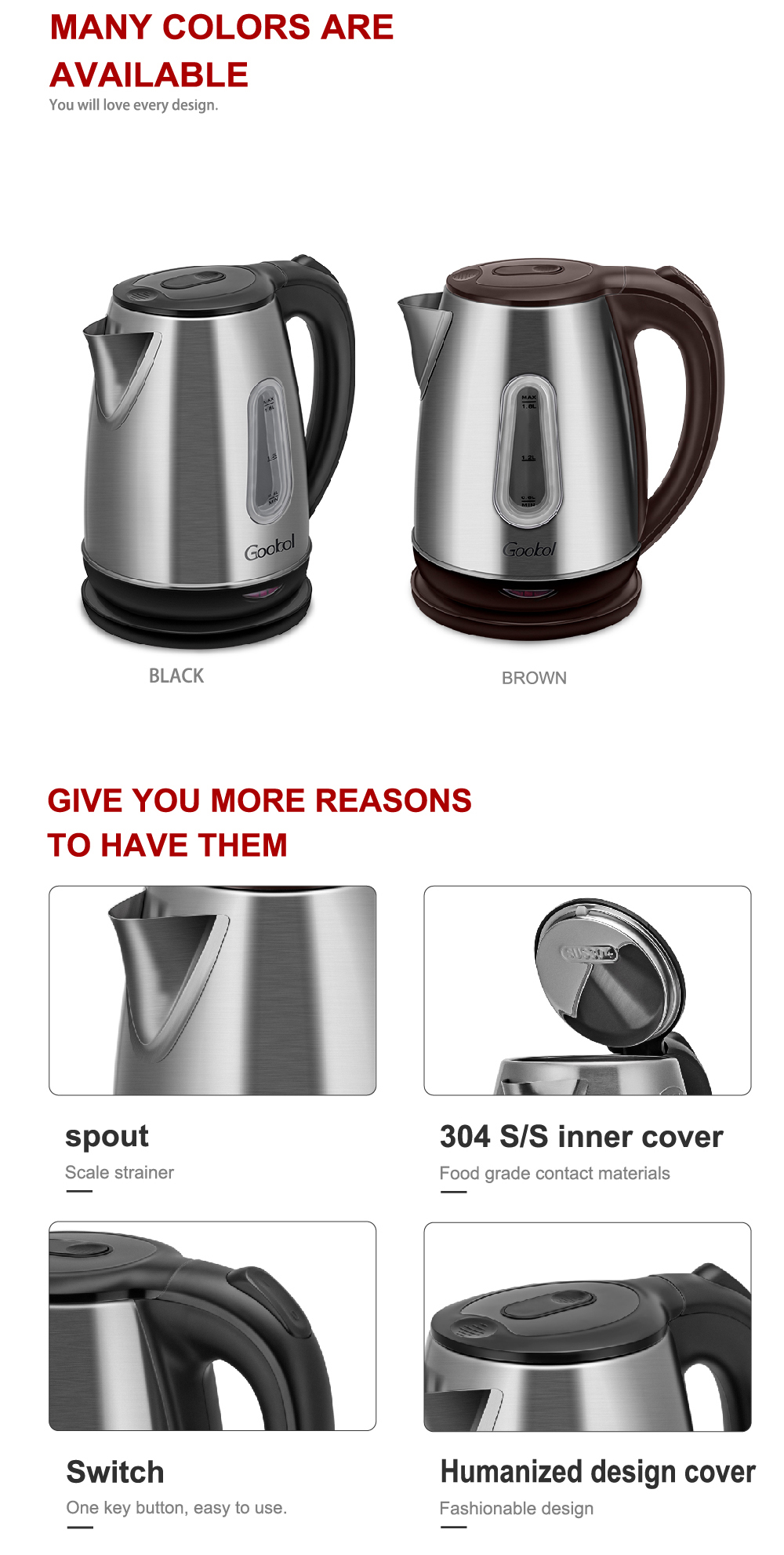 Novel 1.8L Fast Boil Water Stainless Steel 1800W Electrical 304 Electric Kettle 1.8 Liter