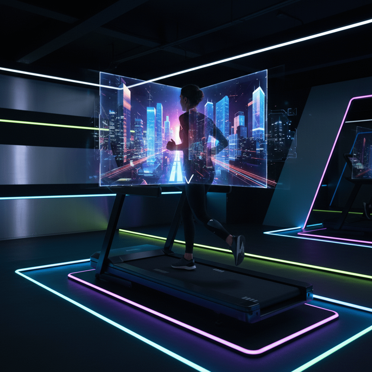 Futuristic treadmill with AR display showing a glowing virtual cityscape.