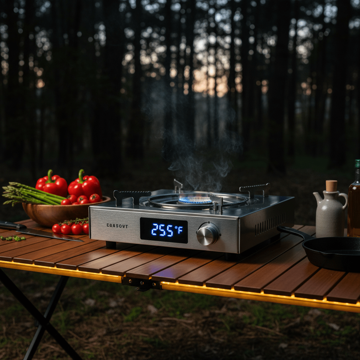 Sleek portable gas range on a camping table with twilight forest and ingredients.