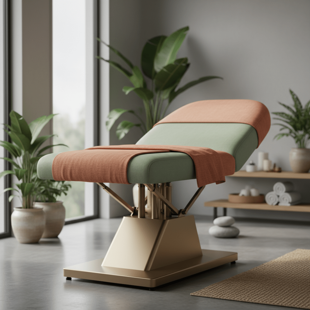 Luxurious eco-friendly massage table in sage green and terracotta, matte finish.