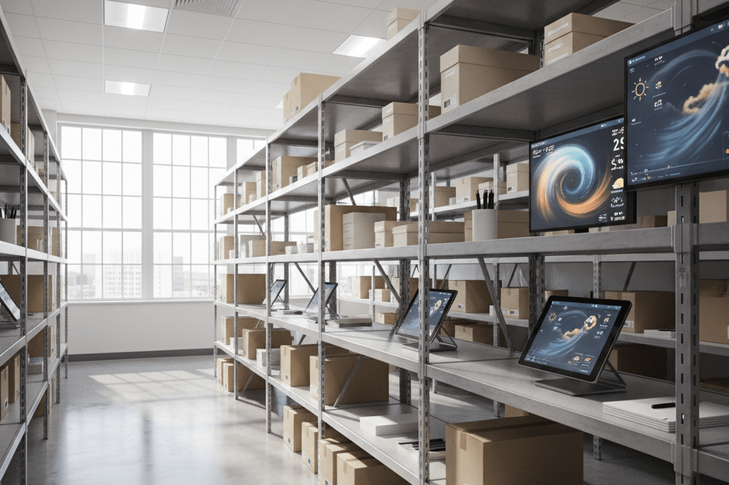 Office supply room with organized shelves, logistics tech, and weather monitoring tools under ambient light