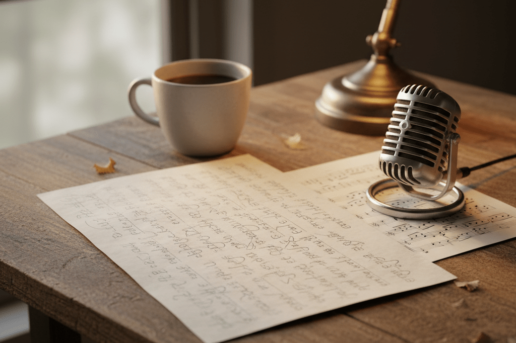 Close-up of a lyric sheet with pencil edits, coffee cup, and microphone under soft ambient lighting, evoking innovative product development