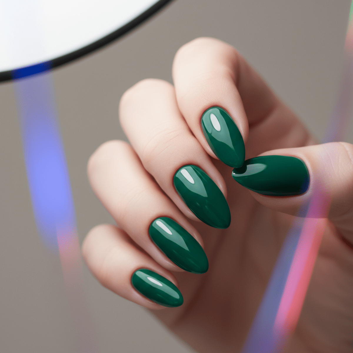 Velvety matte charcoal French nails with glossy emerald tips showcase intricate texture contrast.