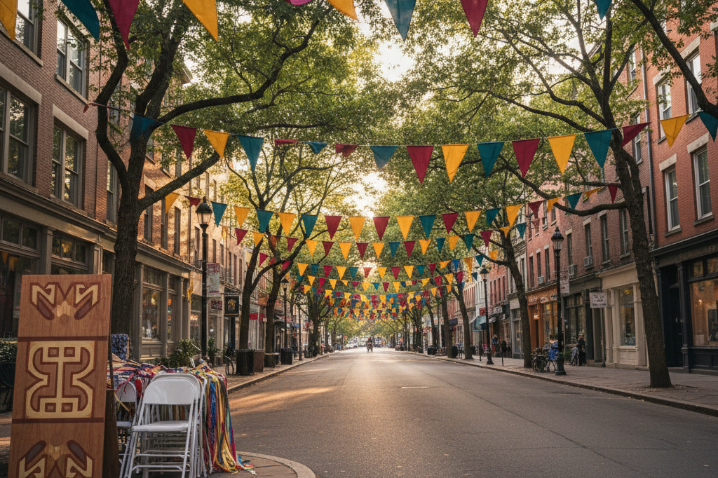 Banners and decorations set up on a street under natural light symbolize collaborative efforts saving local traditions