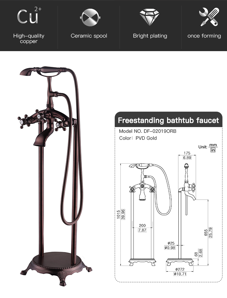 Antique Color Design Copper Hot Tap Free Standing Mixer Faucet for Claw Foot Bathtub