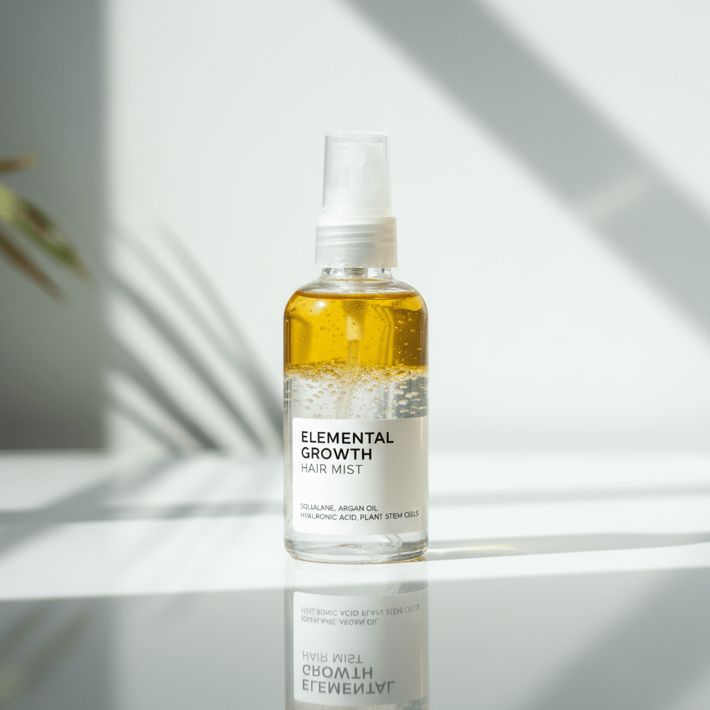 Clear glass bottle of hair growth oil spray with distinct golden oil and water layers.