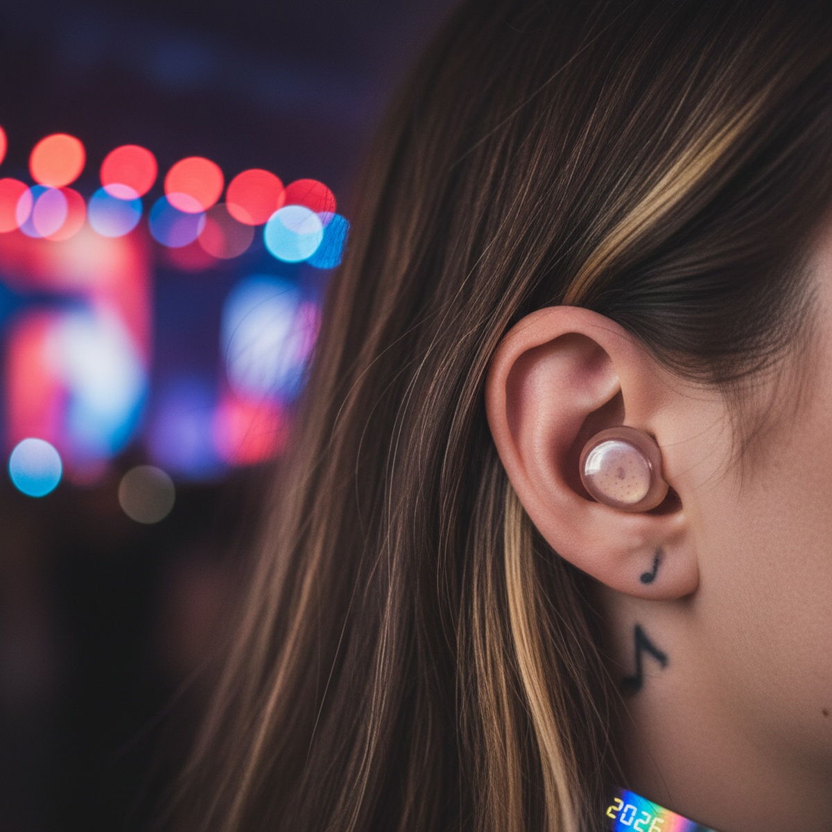 Close-up of silicone concert earplugs worn at a vibrant live music event.