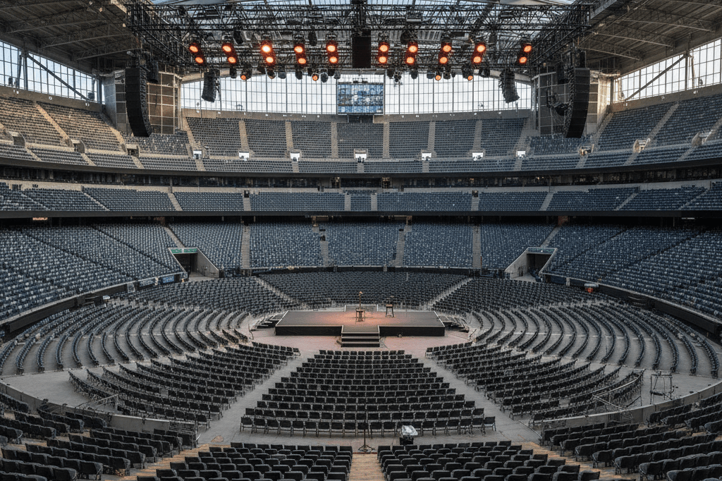 Wide-angle view of a stadium adapted for a comedy performance with seating arrangements and stage design