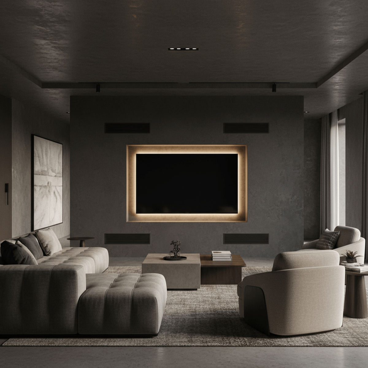 Contemporary home interior with an 80in TV recessed into a matte plaster wall with LED backlighting.