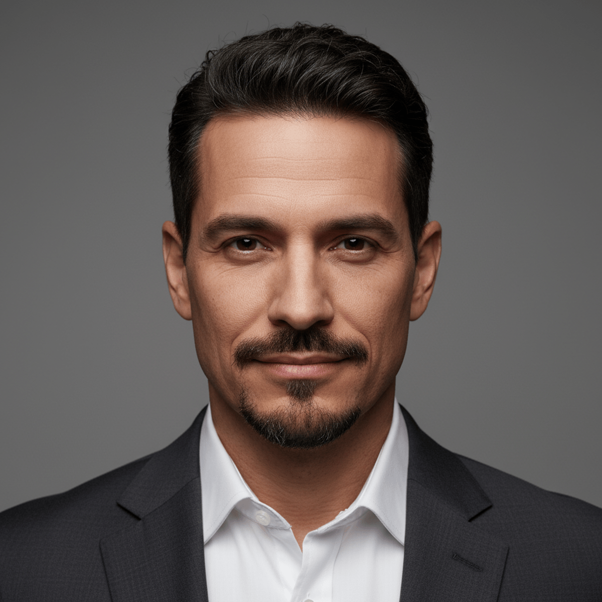 Man with goatee and soul patch in charcoal suit, studio lighting highlights facial contours.