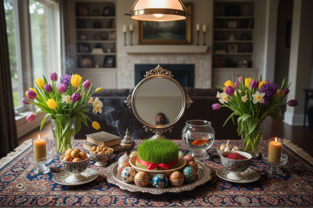 Traditional Haft Sin Table Setup for Nowruz Celebrations Haft Sin table with symbolic items arranged elegantly under warm ambient light, showcasing enduring cultural traditions