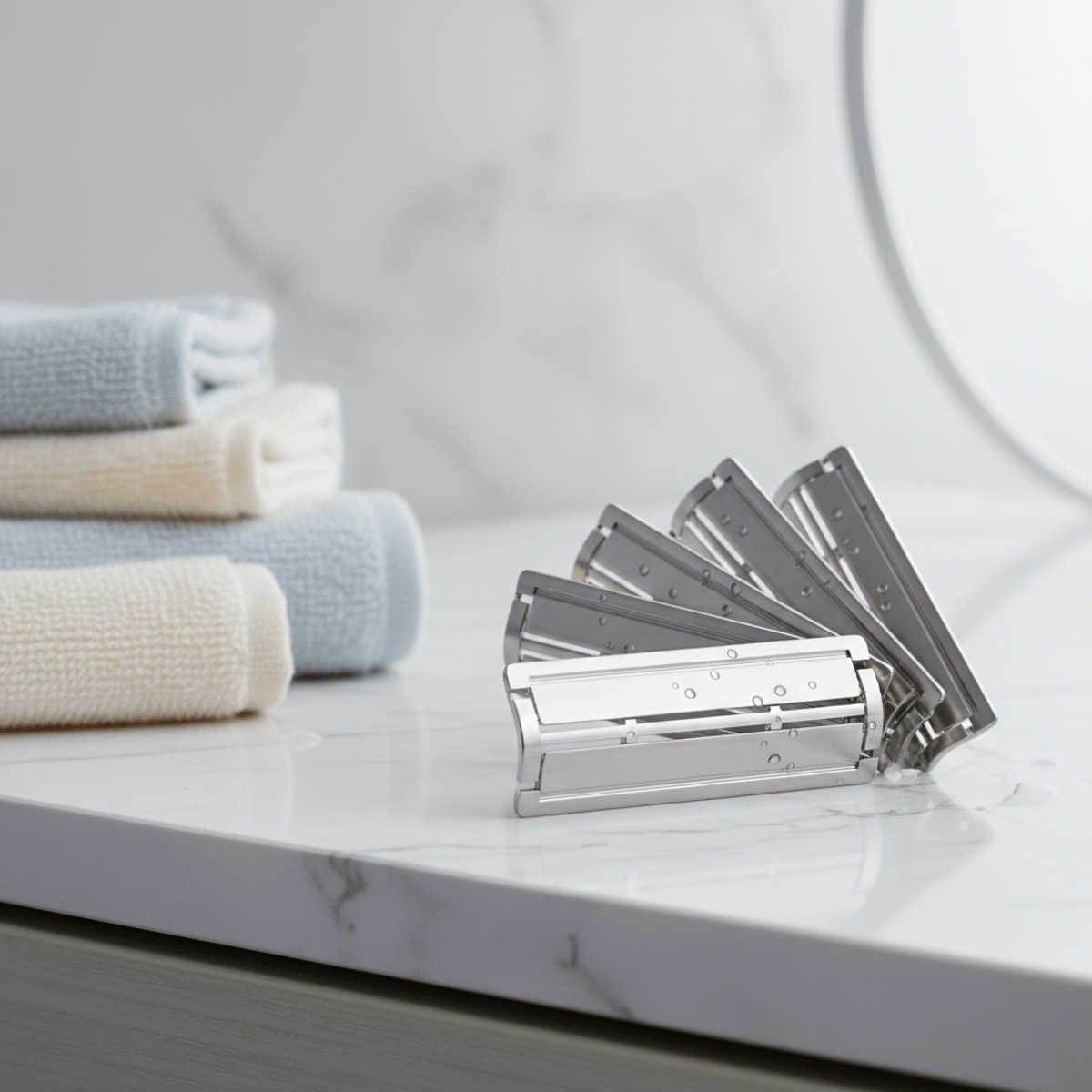 Sleek stainless steel safety razor blades for sensitive skin on a white counter.