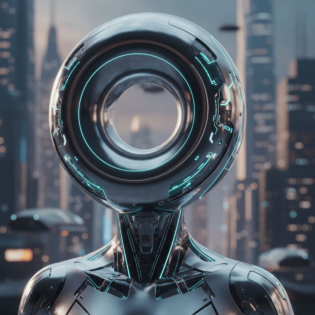 Android with elegant bagel head, bioluminescent circuits, and polished alloy finish.