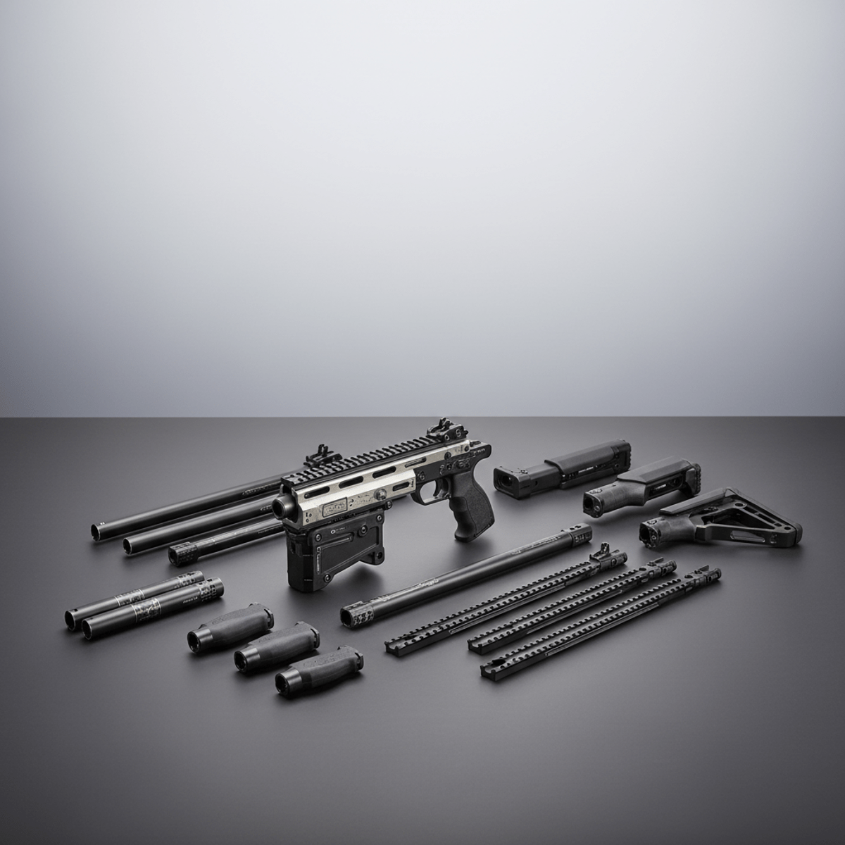 High-end modular firearm platform with custom parts. Modular firearm platform with interchangeable parts in a professional studio shot.