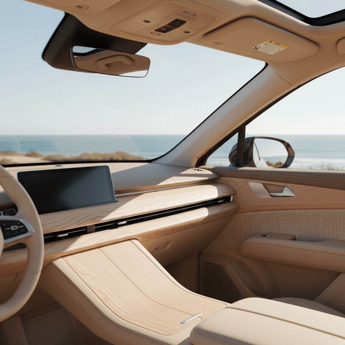 Luxurious midsize SUV interior with light maple wood and woven textile panels.