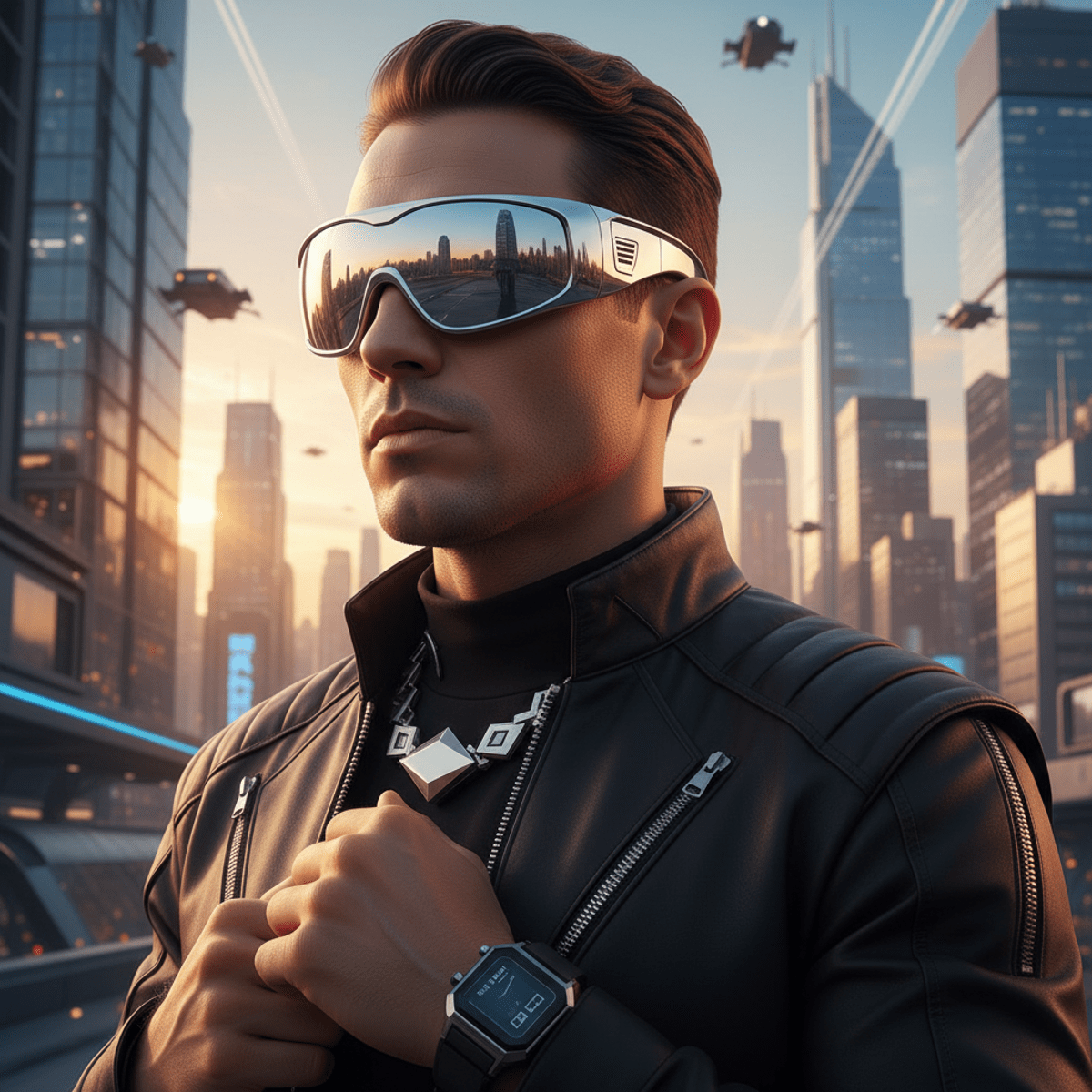 Man in Y2K wraparound sunglasses against a futuristic cityscape at golden hour.