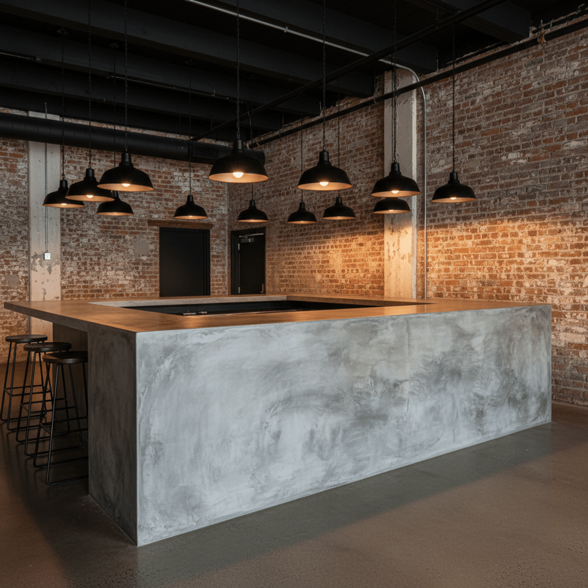 Sleek raw concrete-inspired epoxy countertop with aged concrete tones and matte finish.