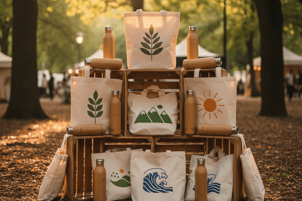 Eco-friendly festival goods like tote bags and bottles displayed on a crate in natural light