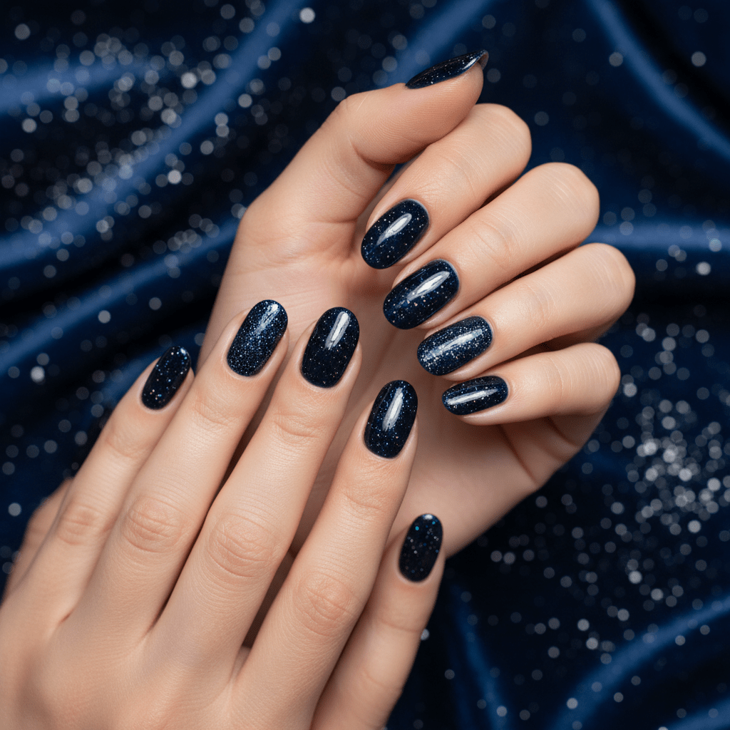 Close-up of glossy deep space blue nails with silver shimmer, reflecting light like a galaxy.