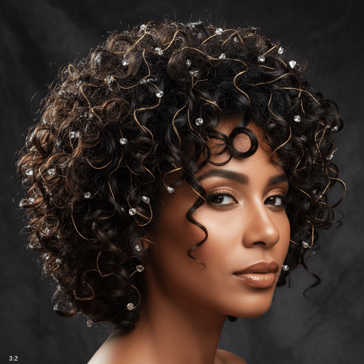 Luxurious jeri curl hairstyle interwoven with gold threads and crystals.