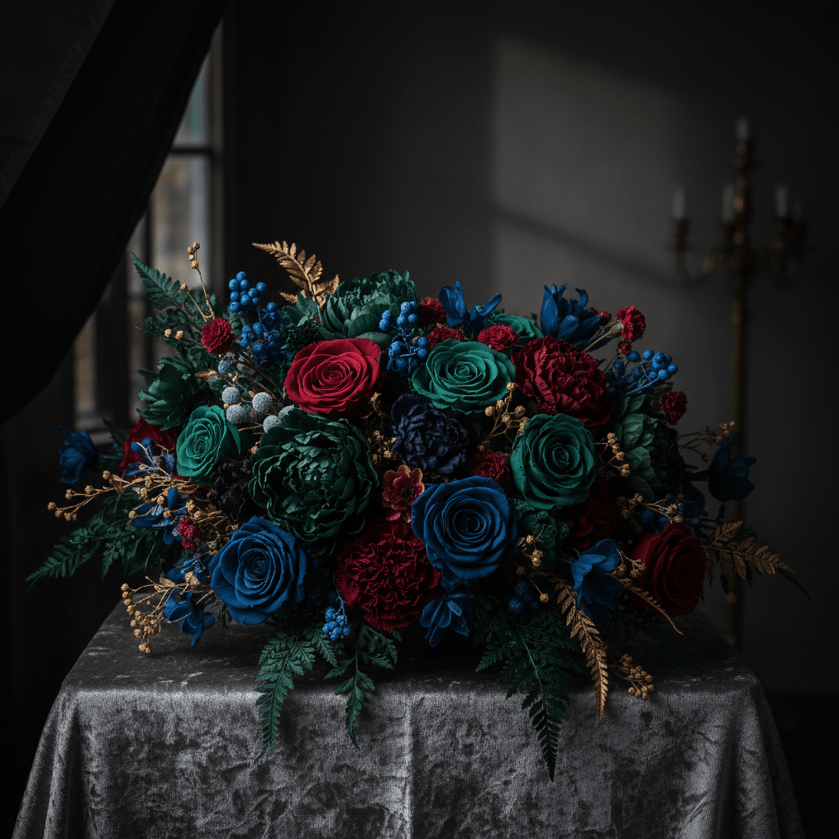 Richly colored preserved roses, peonies, and carnations in a dramatic Dutch Master style.