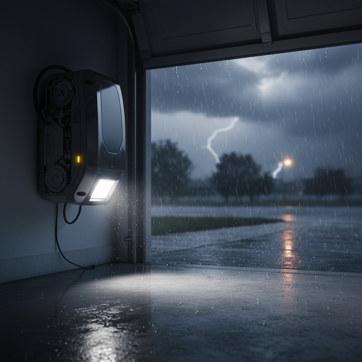 Wall mount garage door opener in use during a stormy evening with crisp white LED light.