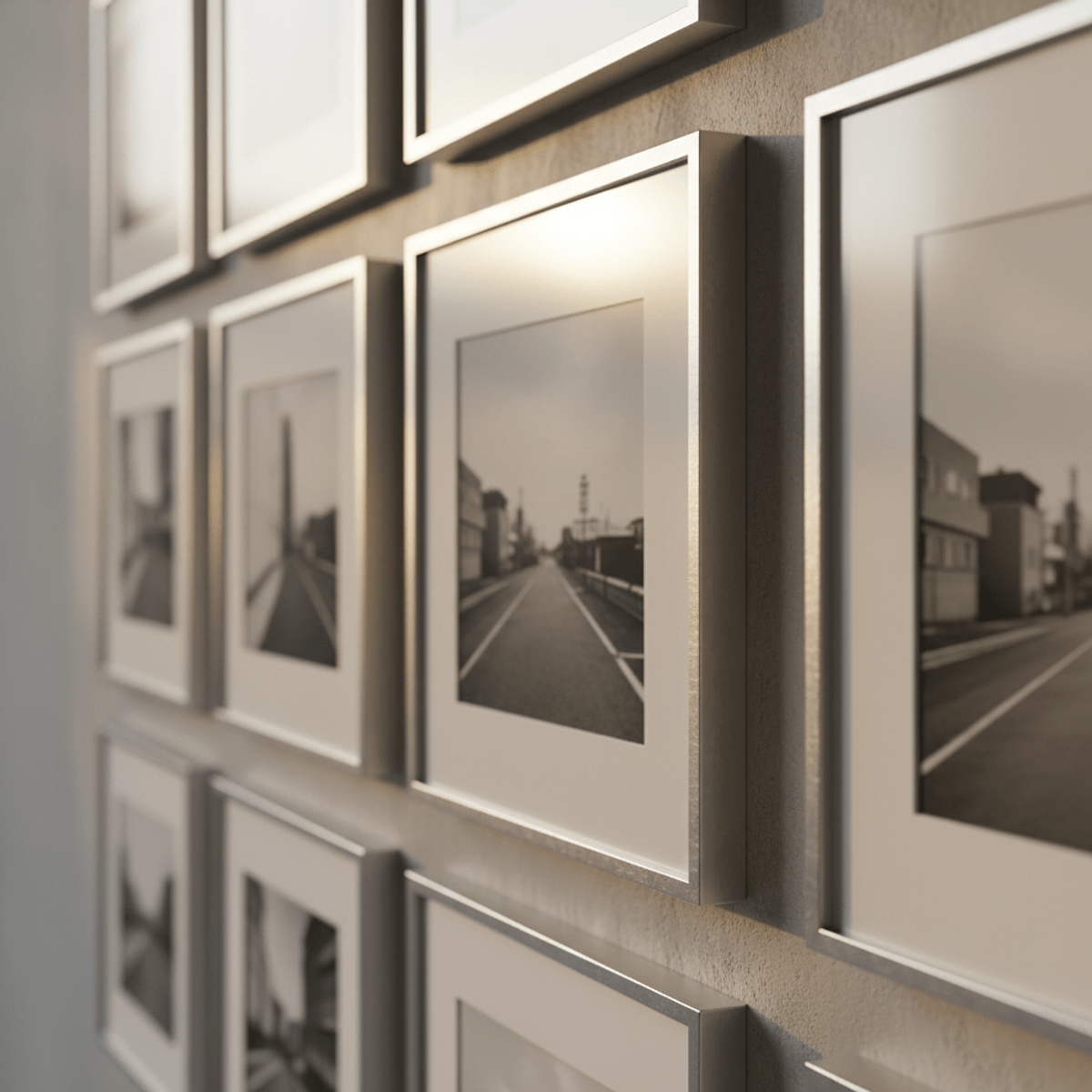 Minimalist silver frames in a modern gallery wall setting. Minimalist silver frame on a concrete wall, part of a symmetrical gallery display.