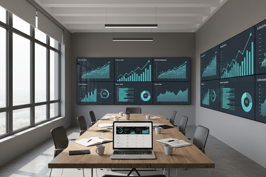 Wide shot of a digital marketing war room featuring screens with generic analytics data under natural light