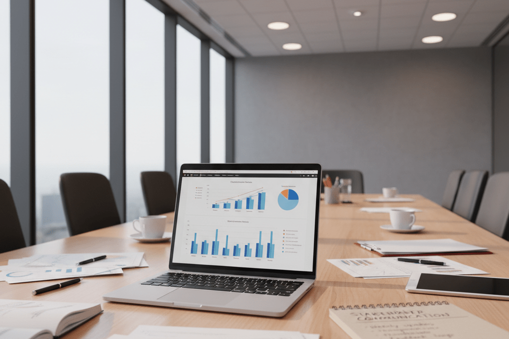 Office conference table with papers, laptop, and notes under natural light, symbolizing business transformation