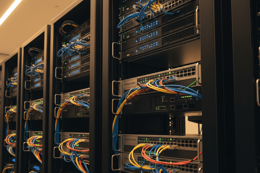 High-tech server rack in a futuristic data center setting Close-up view of a sleek server rack with blinking LEDs and cables, showcasing advanced AI infrastructure