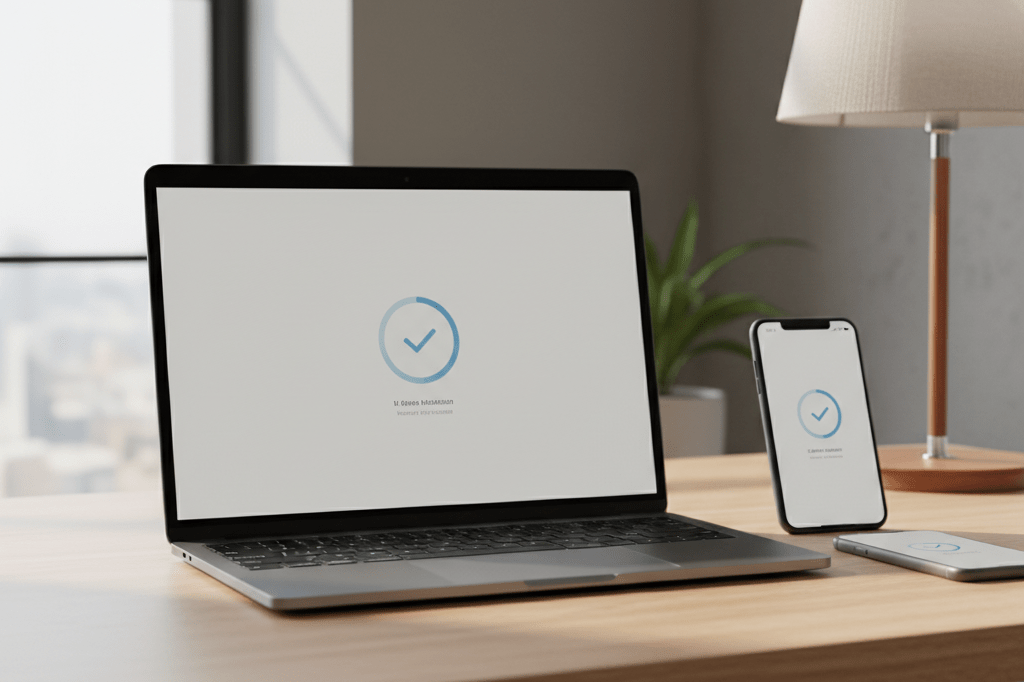 Medium shot of laptop and smartphone displaying subtle, animated identity verification UI under natural and warm ambient lighting