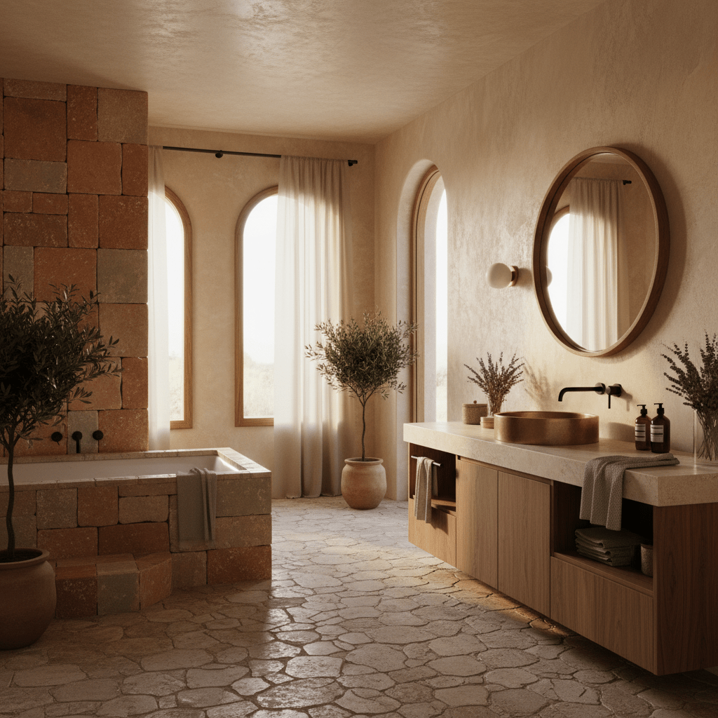 Sunlit bathroom with terracotta, limewash walls, and ceramic tile flooring.
