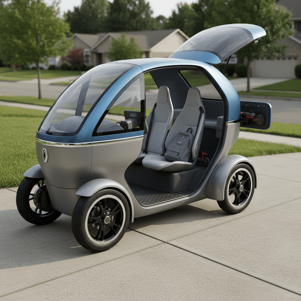 Compact grey and blue quadricycle with glass panels in a suburban driveway.