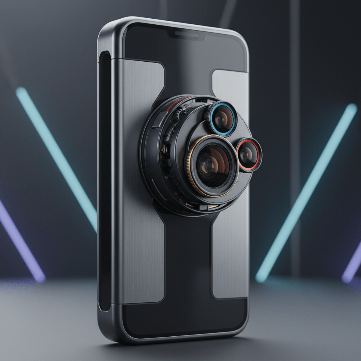 Sleek slider phone with rotating lens array on brushed aluminum and matte glass.