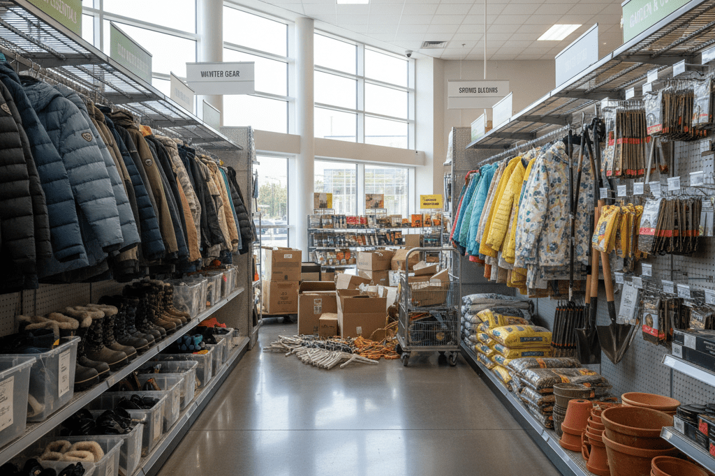 Shelves displaying winter coats, snow boots, and spring apparel under natural light, reflecting weather-driven inventory challenges