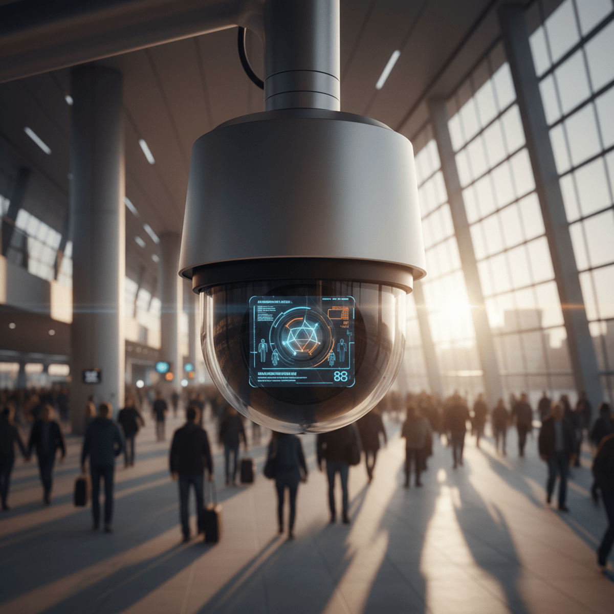 Advanced 8K security camera with AI anonymization in a busy transport hub.