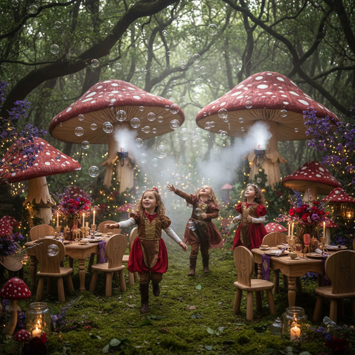 Children play in a whimsical forest party with fog bubbles and fairy lights.