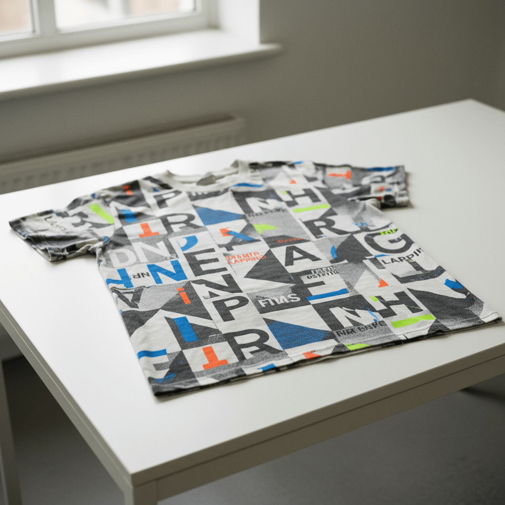 Fragmented typographic t-shirt pattern with abstract geometric shapes on fabric.