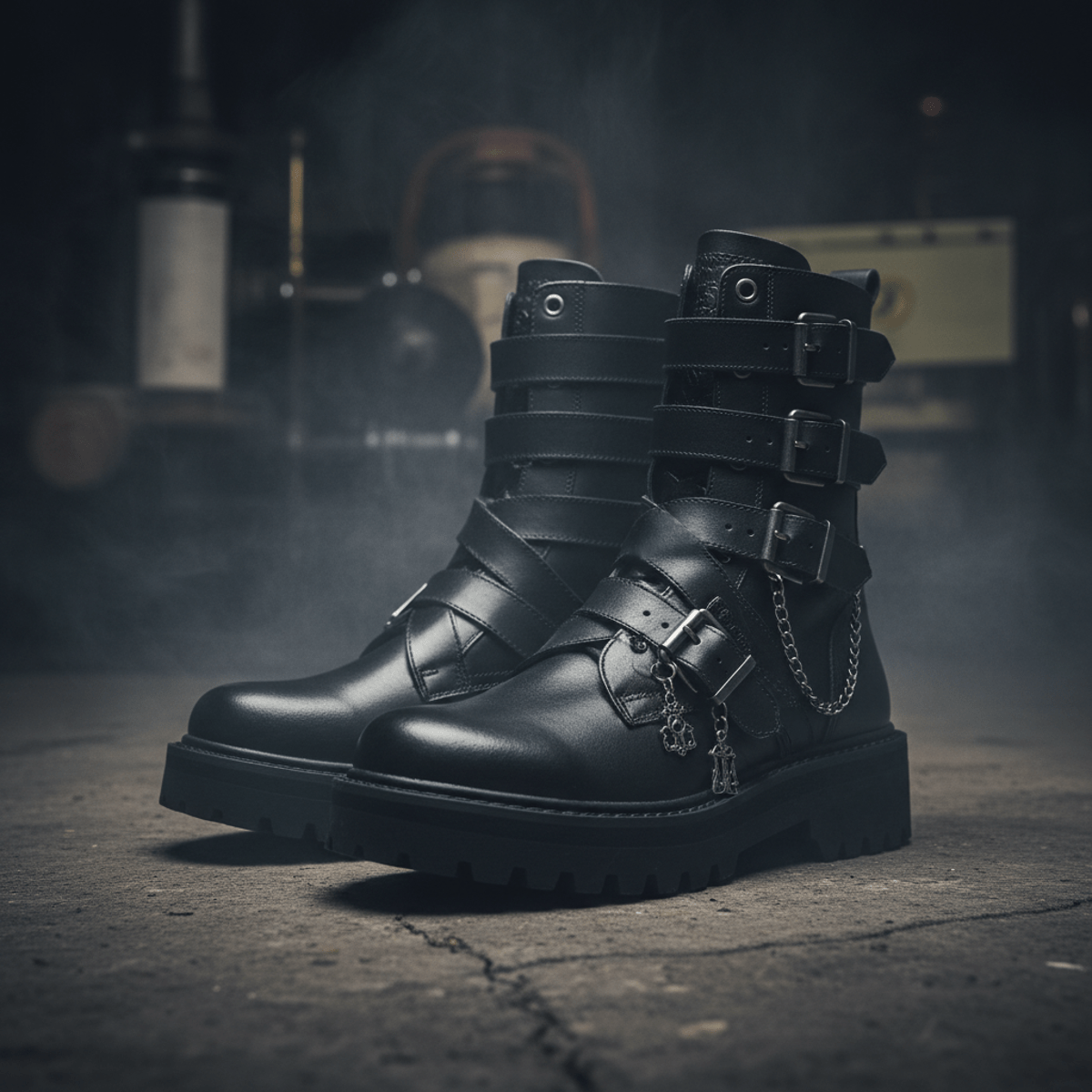 Neo-gothic combat boots with platform soles and metal buckles on concrete.