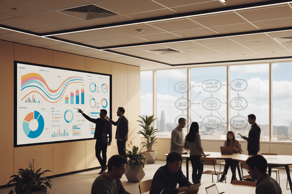 Modern workspace showcasing interactive marketing tools in use Warmly lit co-working space featuring digital analytics screens and collaboration tools symbolizing interactive marketing evolution