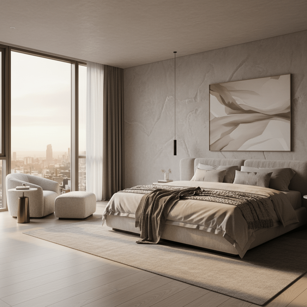 Modern bedroom in greige and cream with silk, boucle, and cashmere textures.