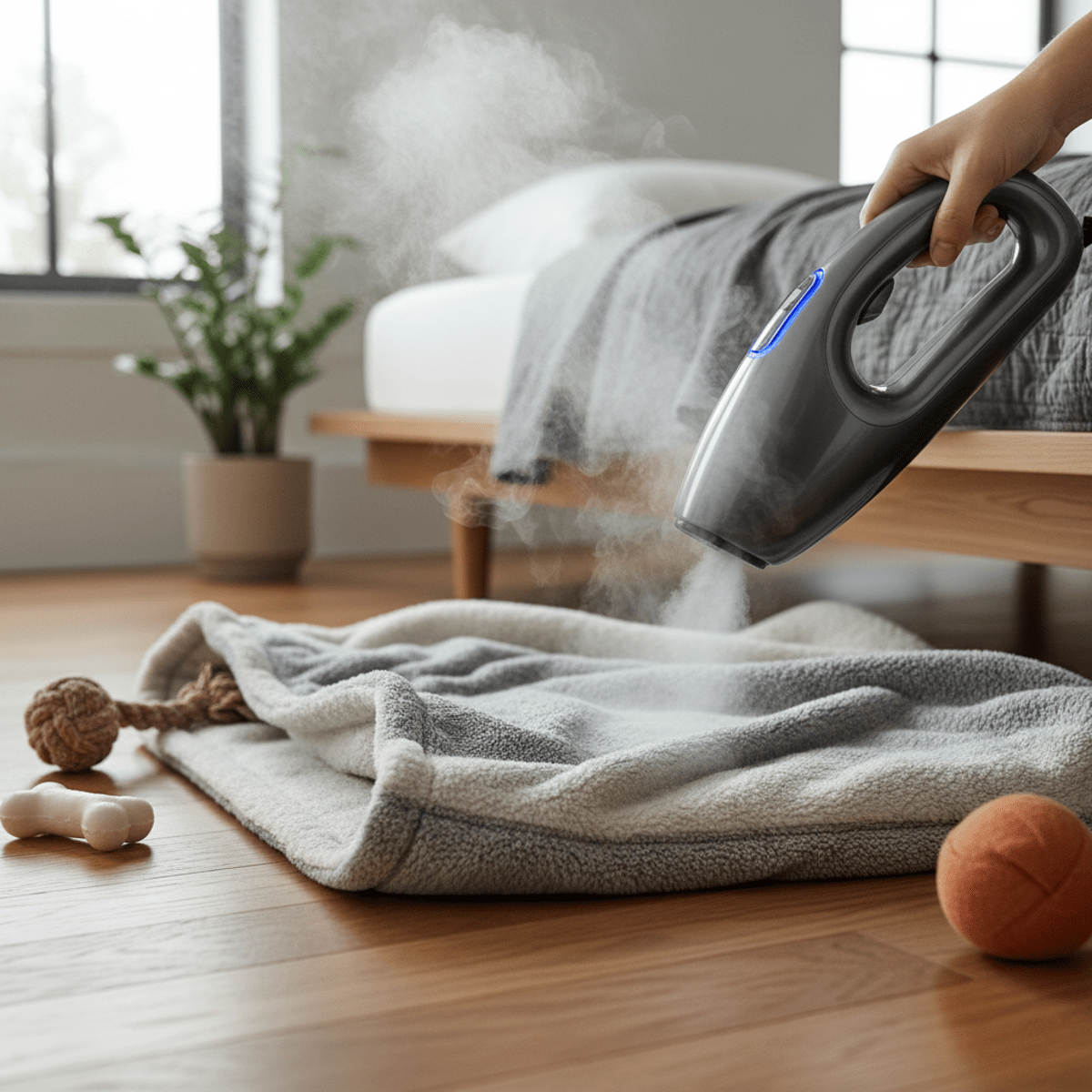 Sleek steamer cleans pet sleeping area with steam focusing on fabric joints.