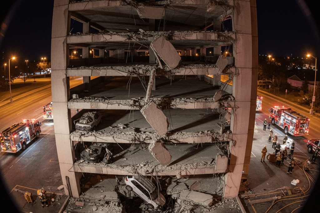 Wide-angle view of a structurally compromised parking deck lit by ambient light, highlighting damage and scale