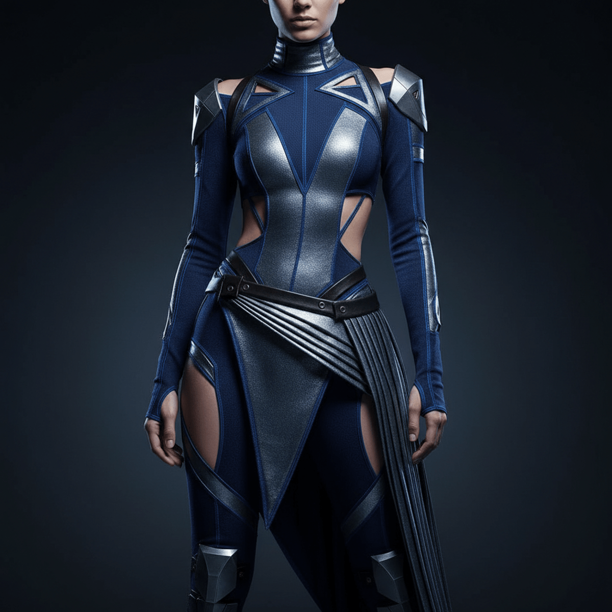 Avant-garde Y3K model in asymmetric technical jumpsuit with geometric apertures and metallic accents.