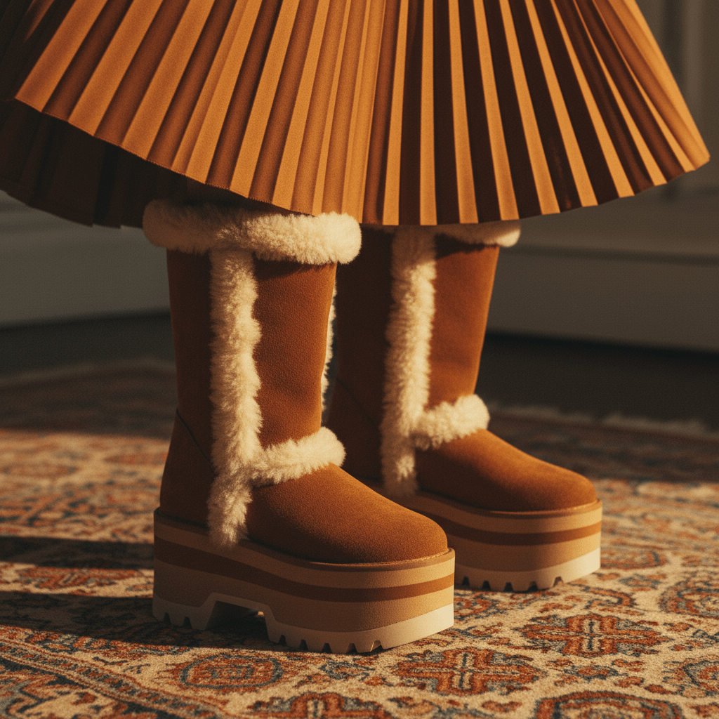 Retro platform boots with plush shearling trim Close-up of retro platform boots with fur trim on a vintage rug.