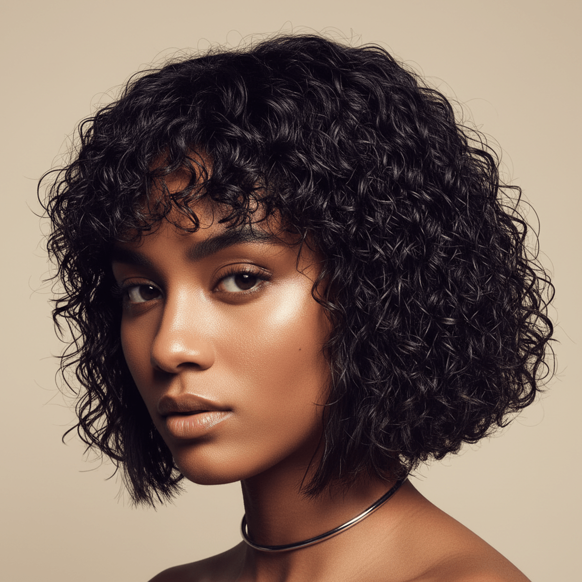 Woman with sleek bob and lustrous jeri curls, studio light, minimalist background.