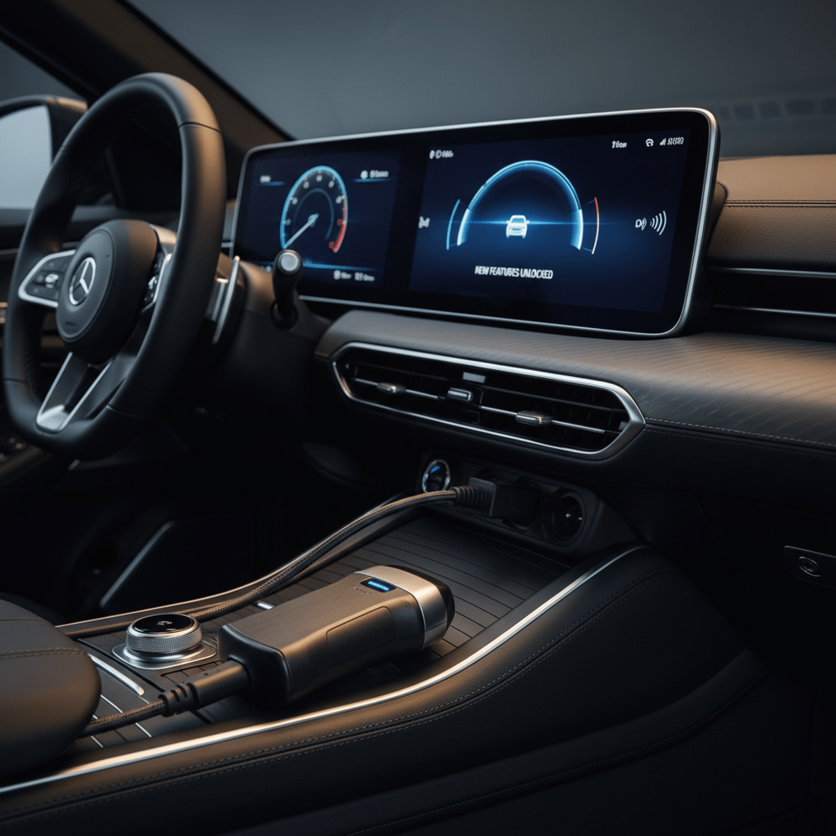 OBD scanner connected to a luxury car dashboard displaying new premium features.