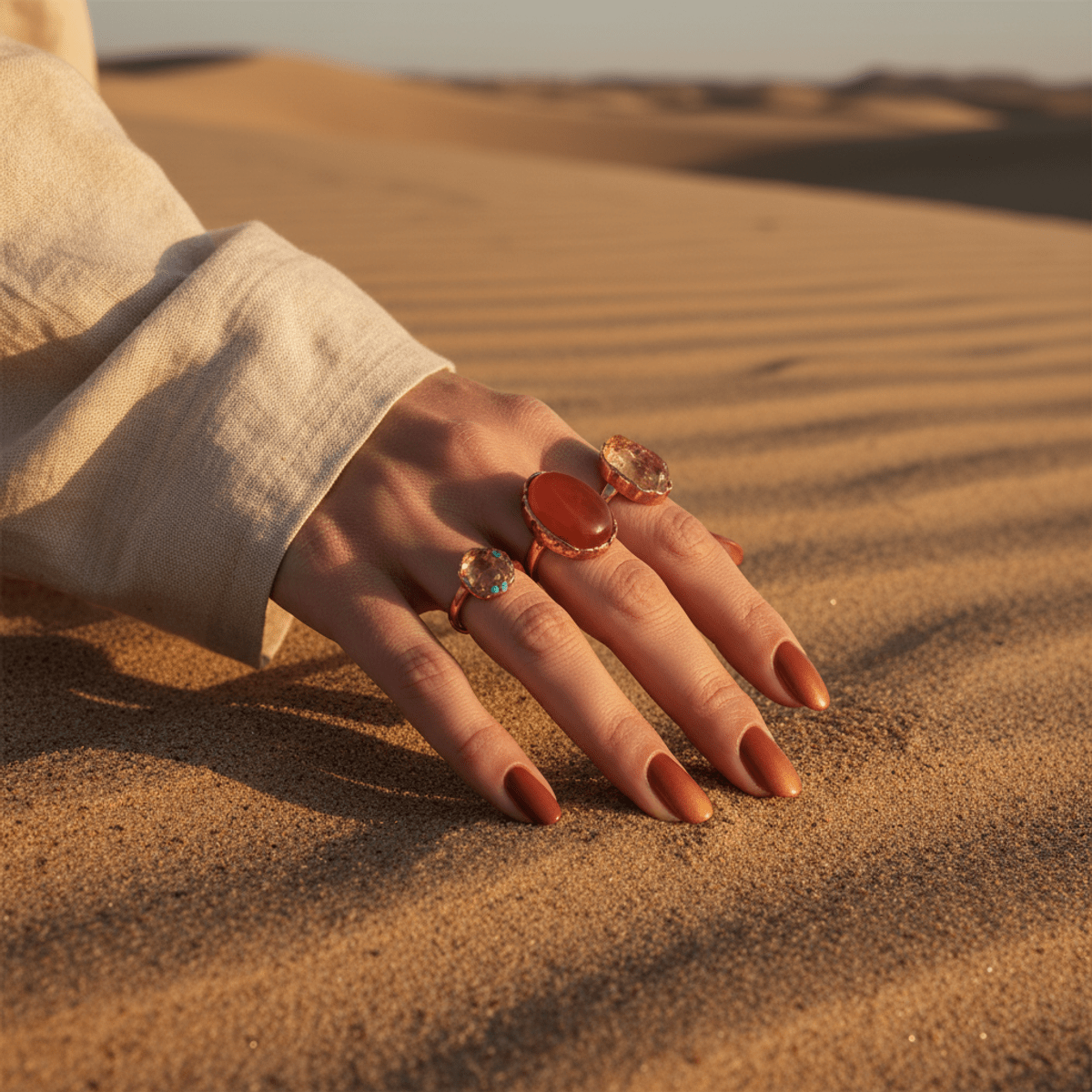 Hand with terracotta desert sand nails on textured surface in warm sunlight.